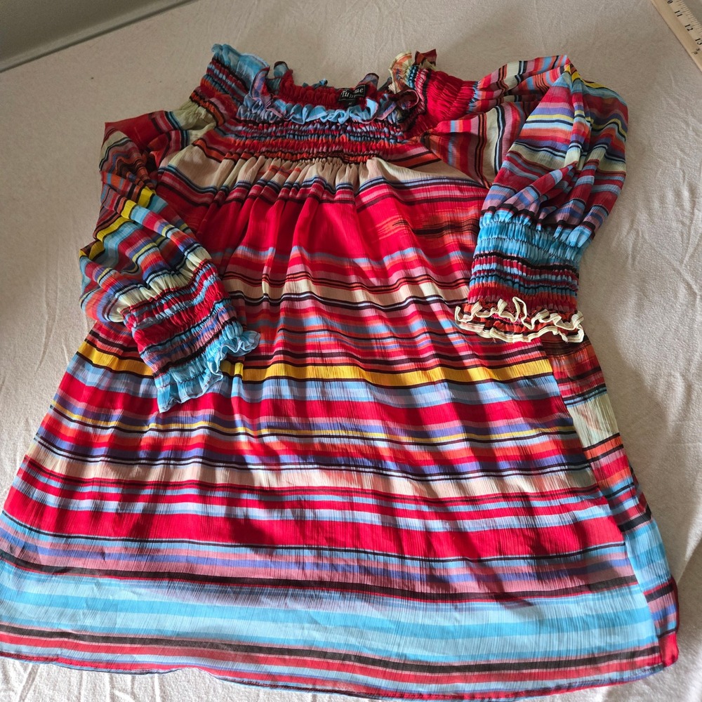 Tunique Striped Peasant Blouse Womens XL Multi Excellent‎ Smocked Boho Top
